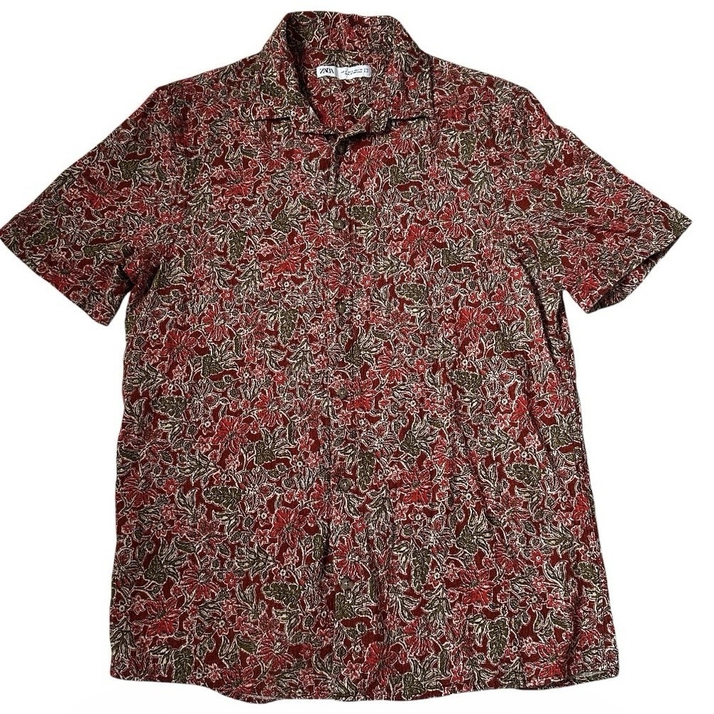 Zara Men's Size Small Short Sleeve Floral Print Button Up Shirt Rust | 63-43